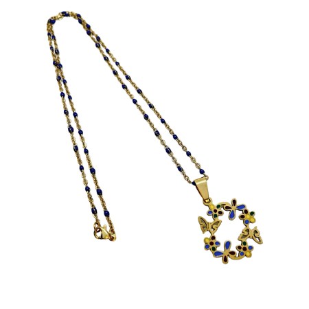 necklace steel gold heart chain with round element flowers and butterfl